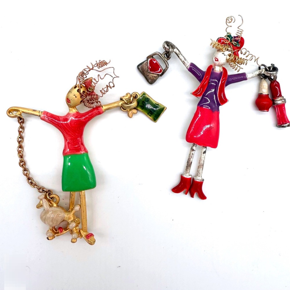 Vintage Tanya Creations Figural Woman Brooch Set Dog Purse Enamel Art